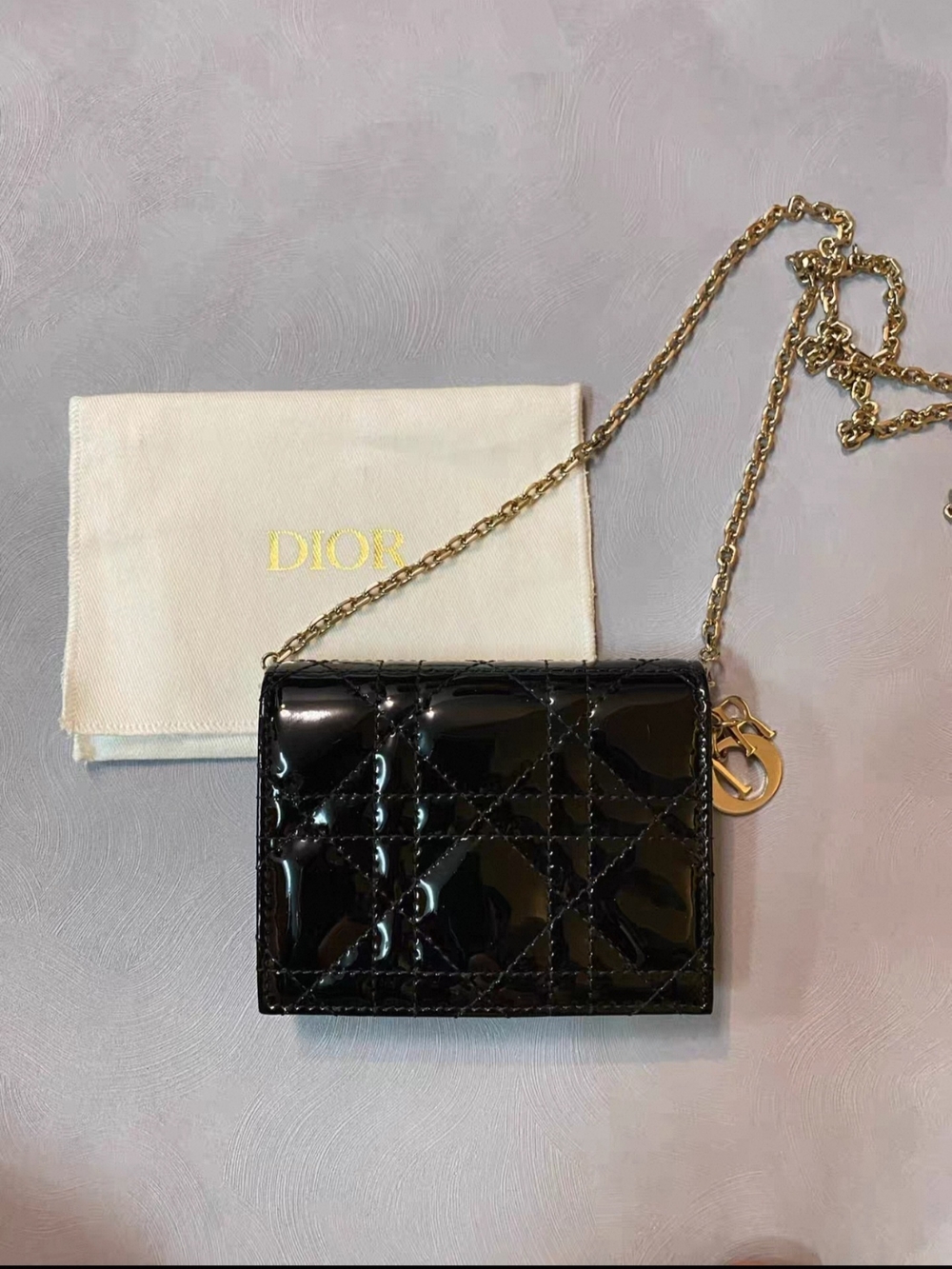 Lady Dior 5-Gusset Black Patent Quilted Mini Wallet W Gold Chain (Discontinued)